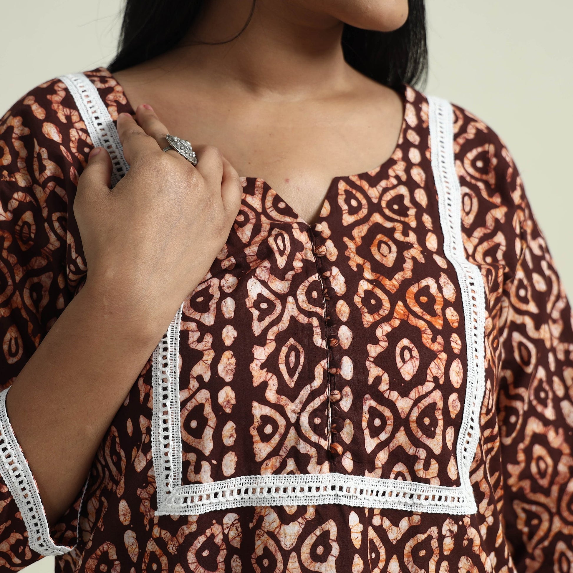 Brown - Hand Batik Printed Cotton Kurta with Palazzo Set