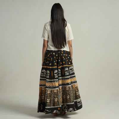Black - Hand Batik Printed Running Stitch Cotton Long Skirt 75