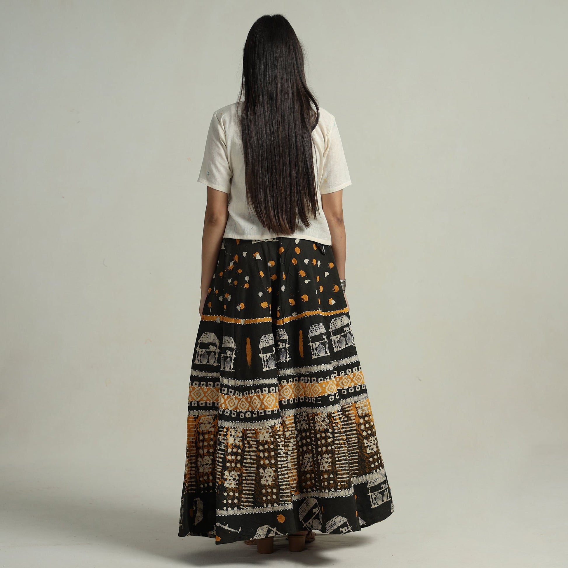 Black - Hand Batik Printed Running Stitch Cotton Long Skirt 75