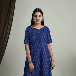 Blue - Flared Cotton Short Pochampally Ikat Dress 11