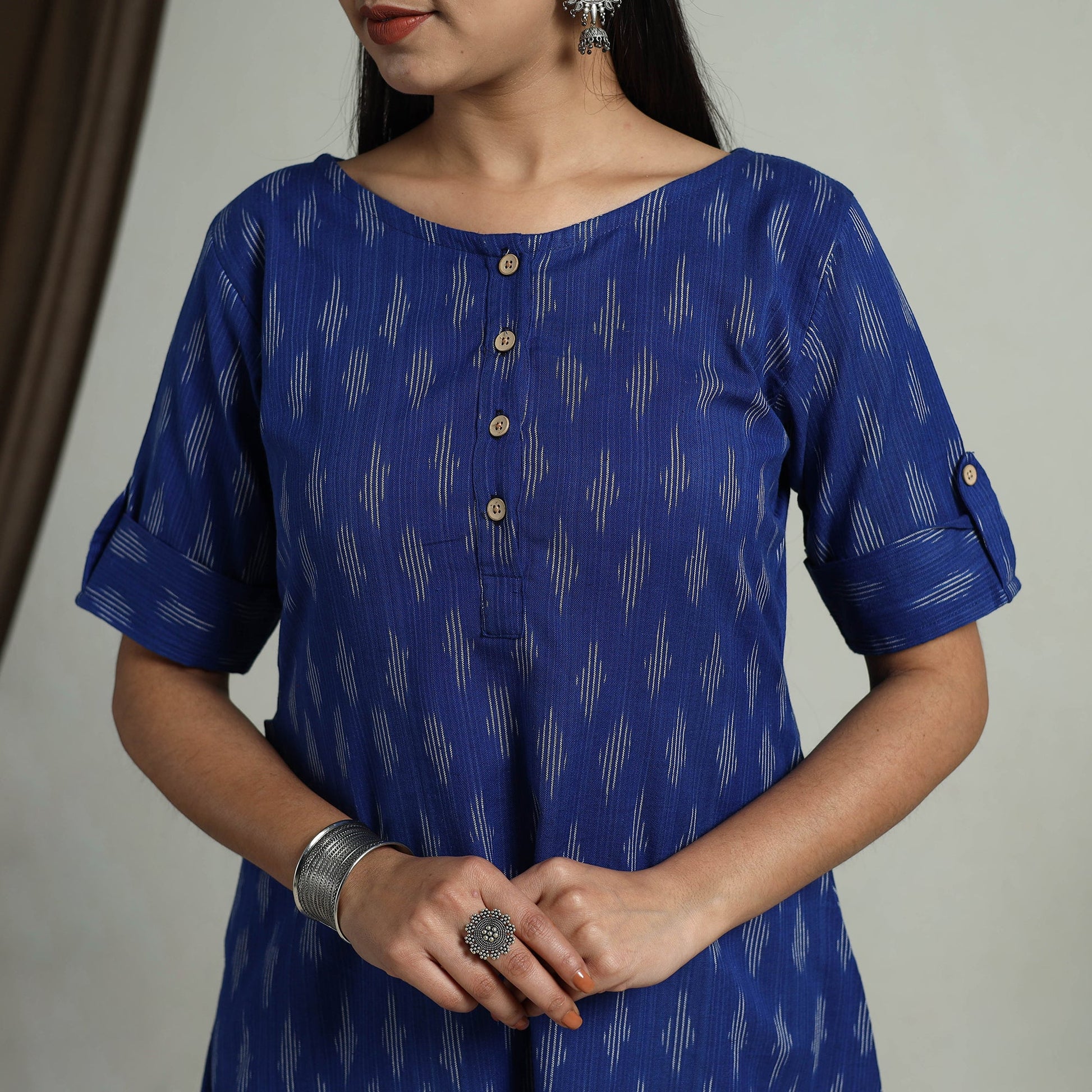 Blue - Flared Cotton Short Pochampally Ikat Dress 11