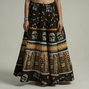 Black - Hand Batik Printed Running Stitch Cotton Long Skirt 75