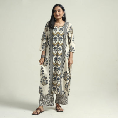 Beige - Ajrakh Block Printed Cotton Kurta With Palazzo & Dupatta Set