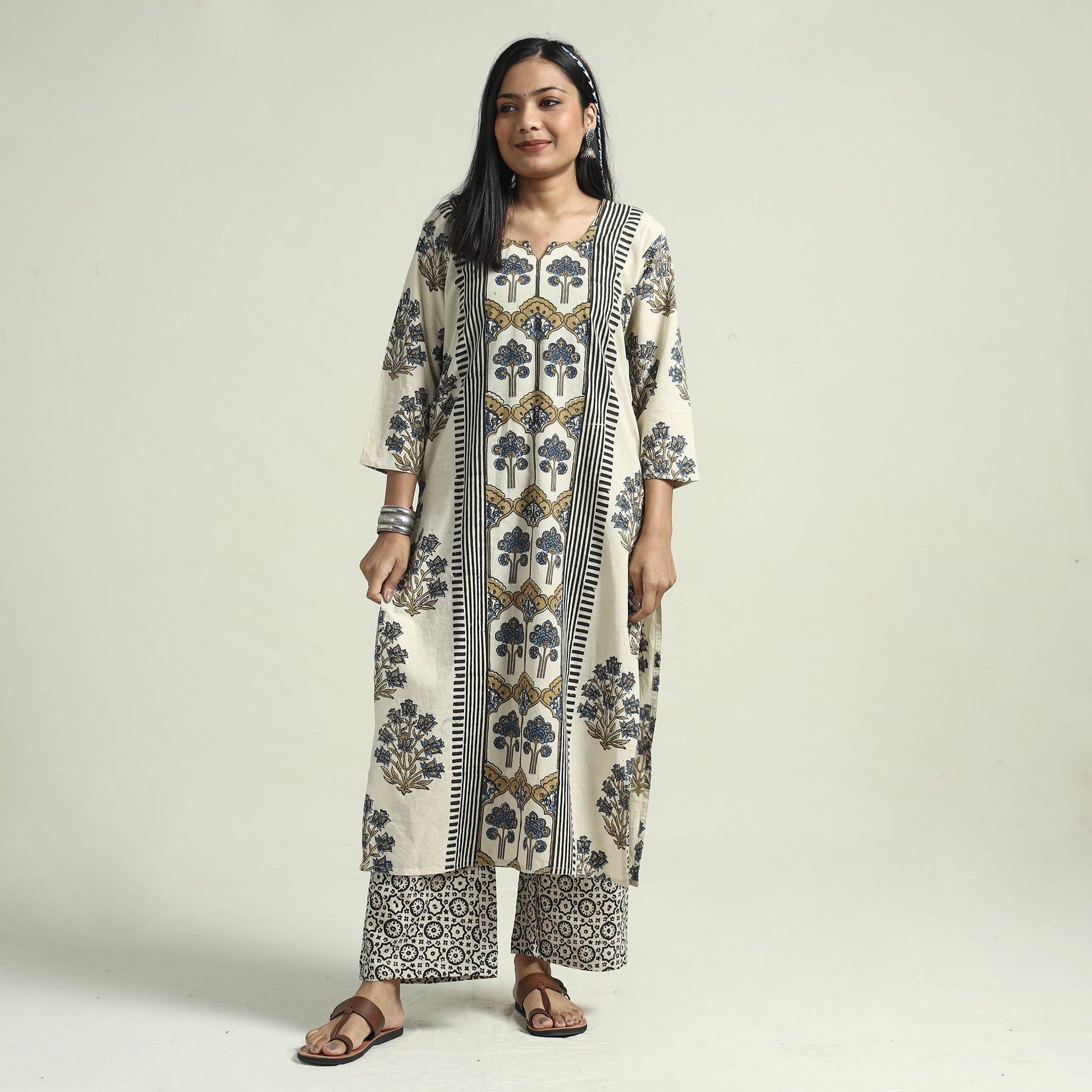 Beige - Ajrakh Block Printed Cotton Kurta With Palazzo & Dupatta Set