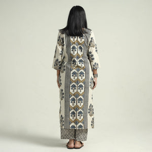 Beige - Ajrakh Block Printed Cotton Kurta With Palazzo & Dupatta Set