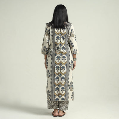 Beige - Ajrakh Block Printed Cotton Kurta With Palazzo & Dupatta Set