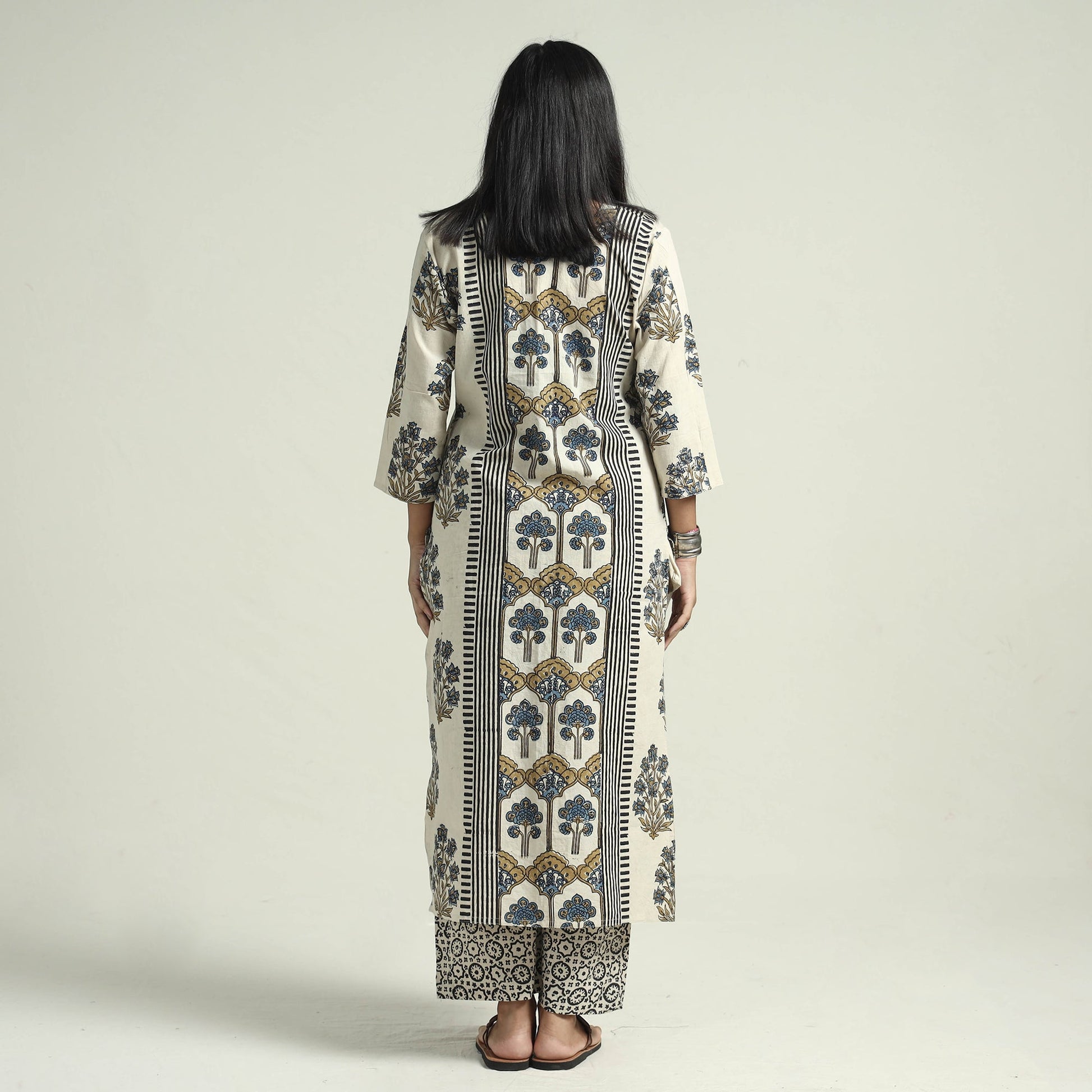 Beige - Ajrakh Block Printed Cotton Kurta With Palazzo & Dupatta Set