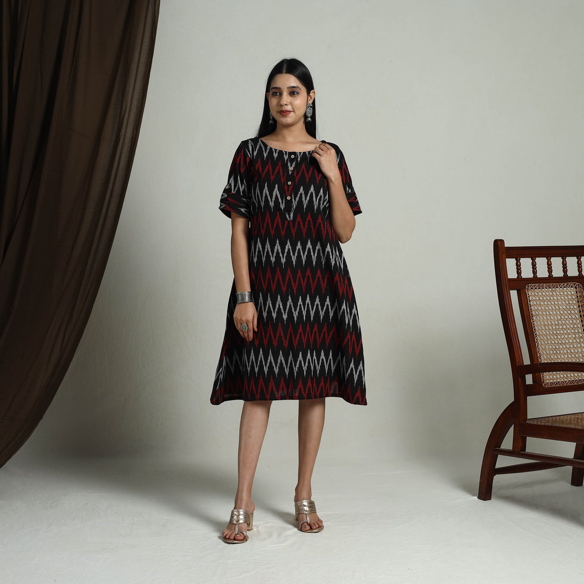 Black - Flared Cotton Short Pochampally Ikat Dress 06