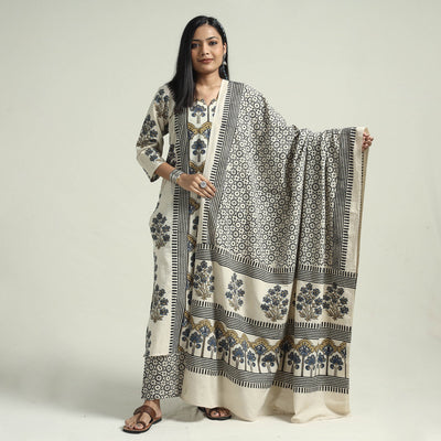 Beige - Ajrakh Block Printed Cotton Kurta With Palazzo & Dupatta Set