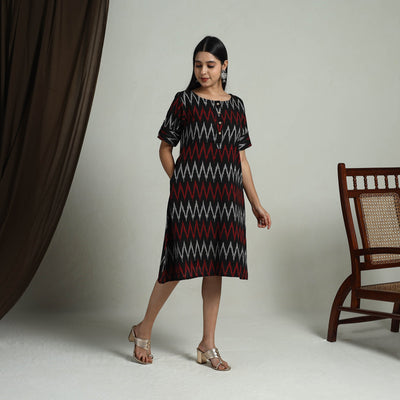 Black - Flared Cotton Short Pochampally Ikat Dress 06