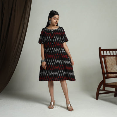 Black - Flared Cotton Short Pochampally Ikat Dress 06