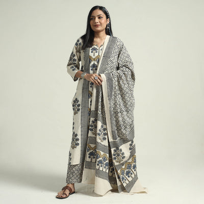 Beige - Ajrakh Block Printed Cotton Kurta With Palazzo & Dupatta Set