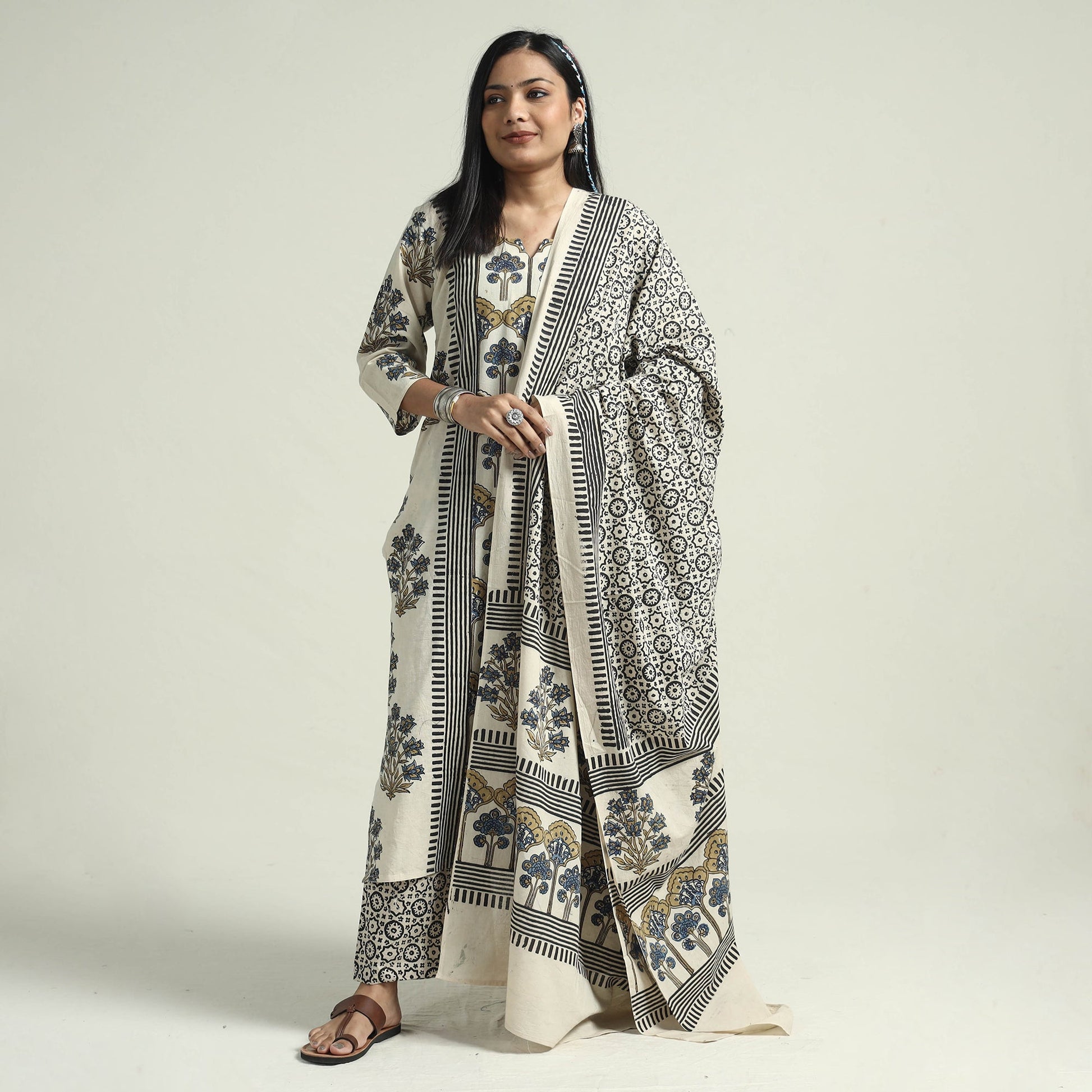 Beige - Ajrakh Block Printed Cotton Kurta With Palazzo & Dupatta Set