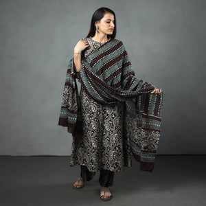 Brown - Hand Batik Printed Cotton Kurta with Palazzo & Dupatta Set
