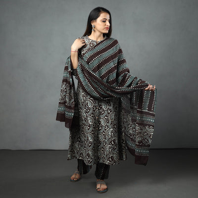 Brown - Hand Batik Printed Cotton Kurta with Palazzo & Dupatta Set
