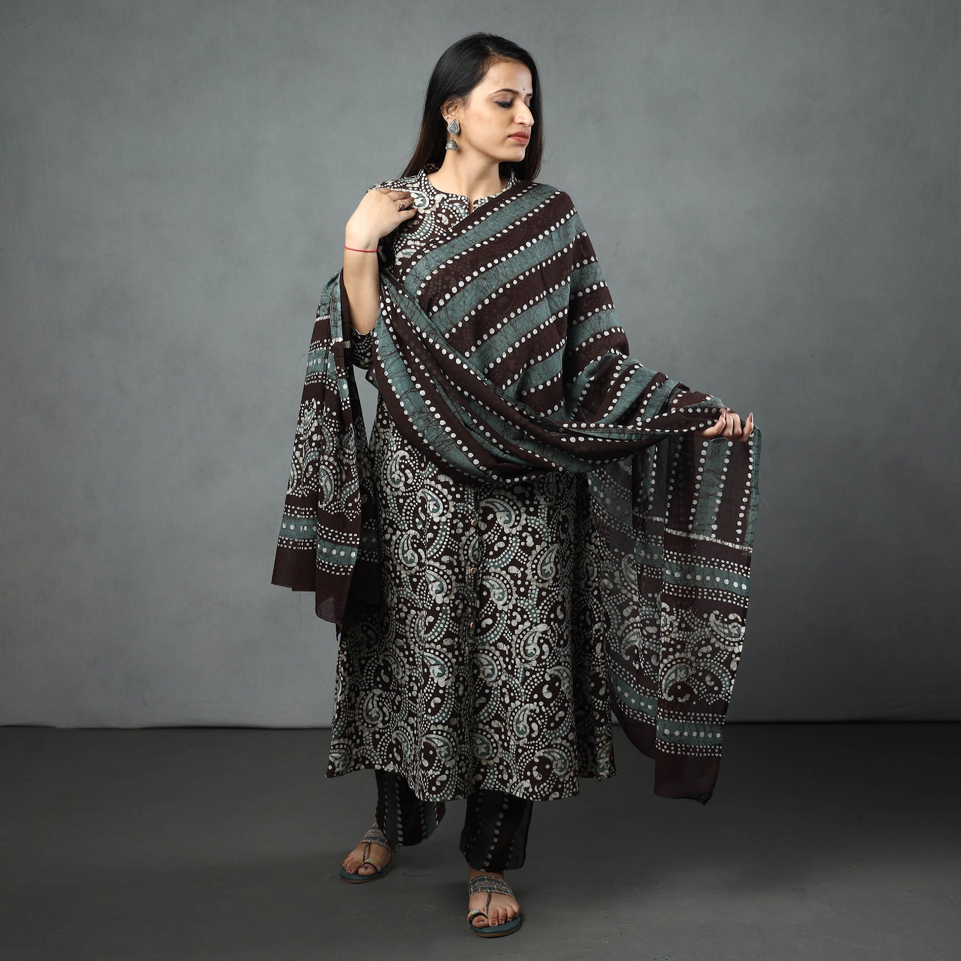 Brown - Hand Batik Printed Cotton Kurta with Palazzo & Dupatta Set