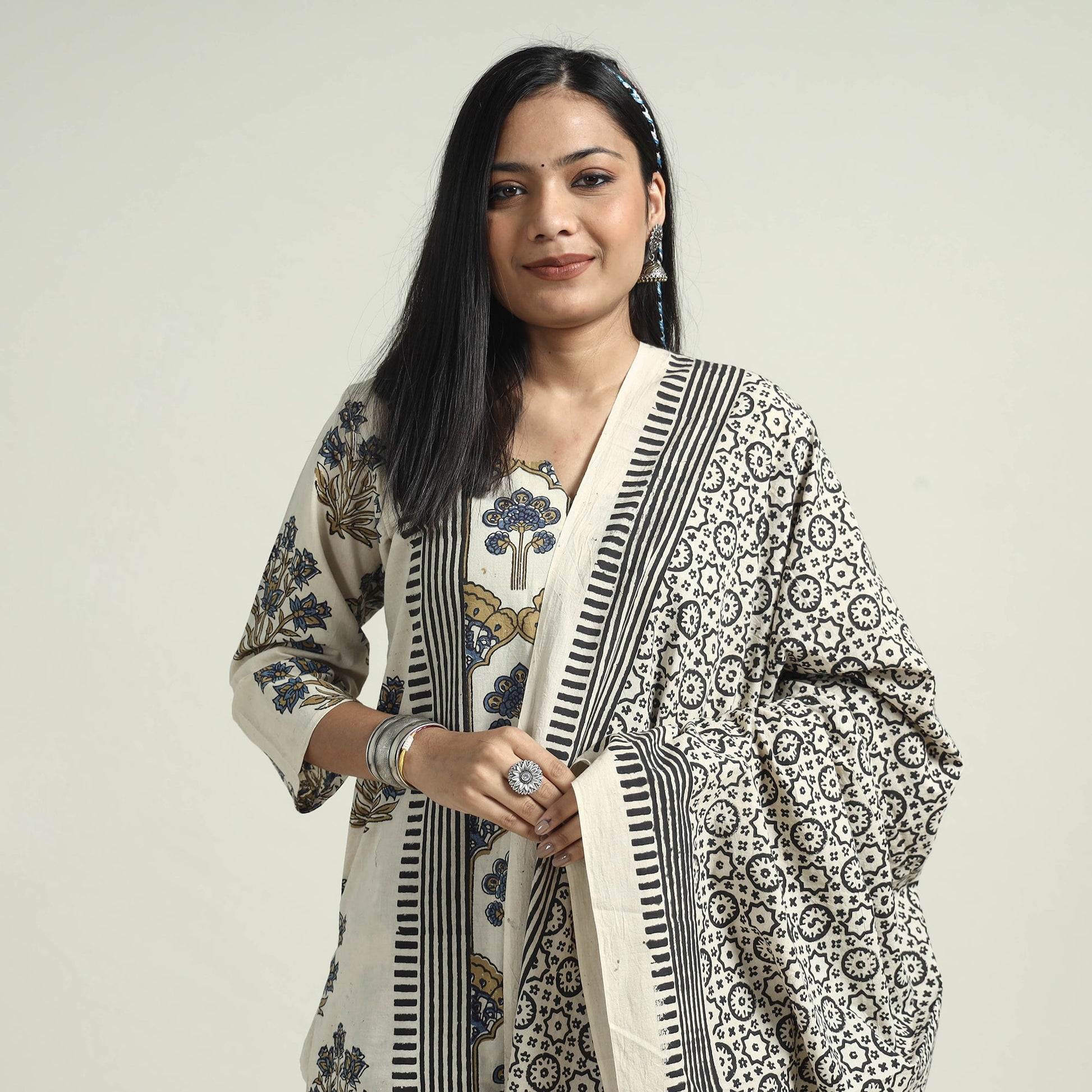 Beige - Ajrakh Block Printed Cotton Kurta With Palazzo & Dupatta Set