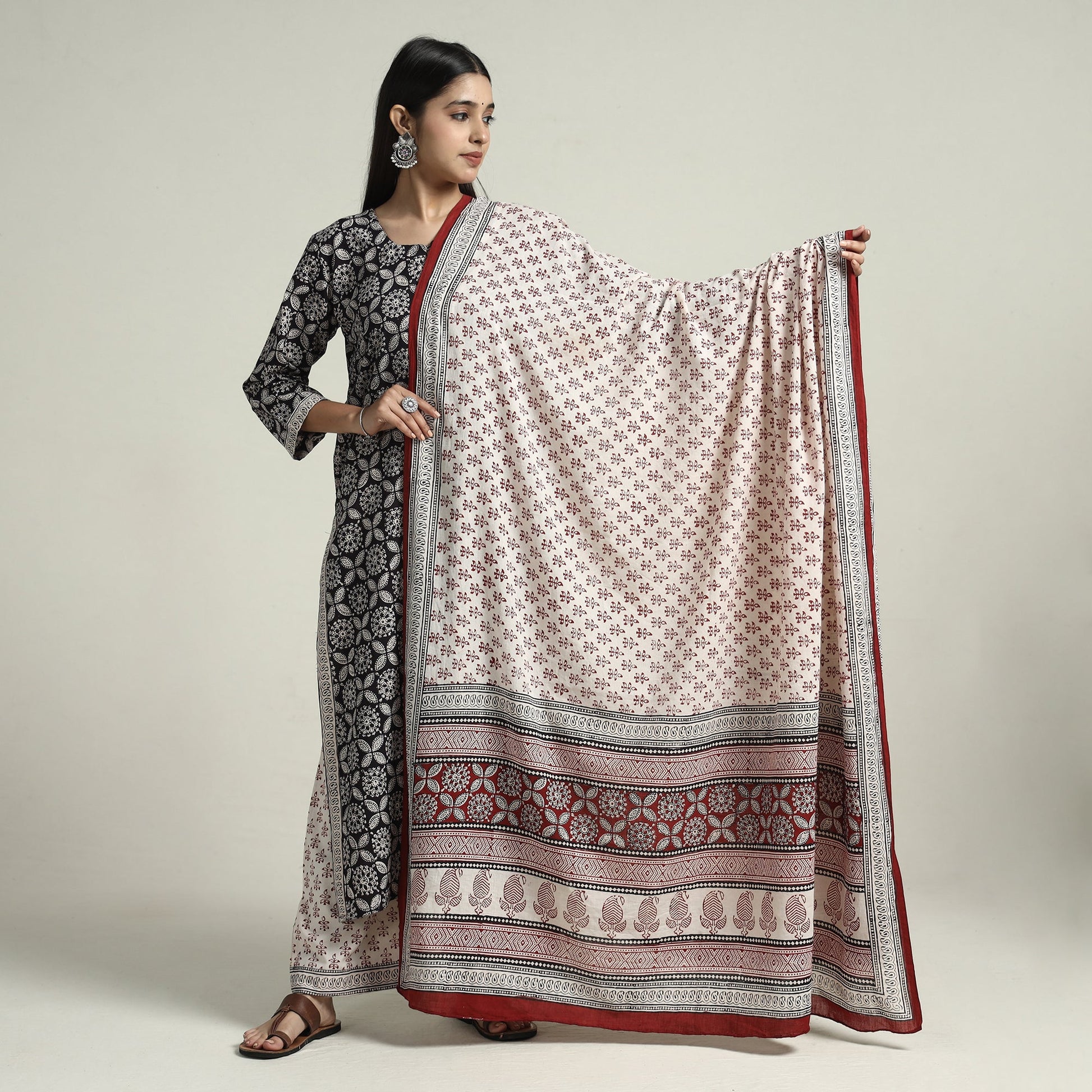 Black - Bagh Block Printed Cotton Kurta with Palazzo & Dupatta Set 04