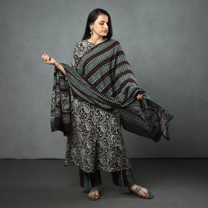 Brown - Hand Batik Printed Cotton Kurta with Palazzo & Dupatta Set