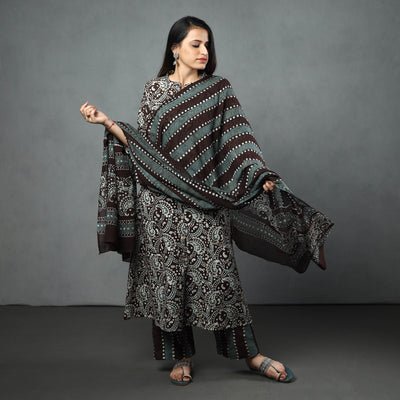 Brown - Hand Batik Printed Cotton Kurta with Palazzo & Dupatta Set