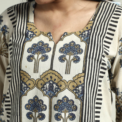 Beige - Ajrakh Block Printed Cotton Kurta With Palazzo & Dupatta Set