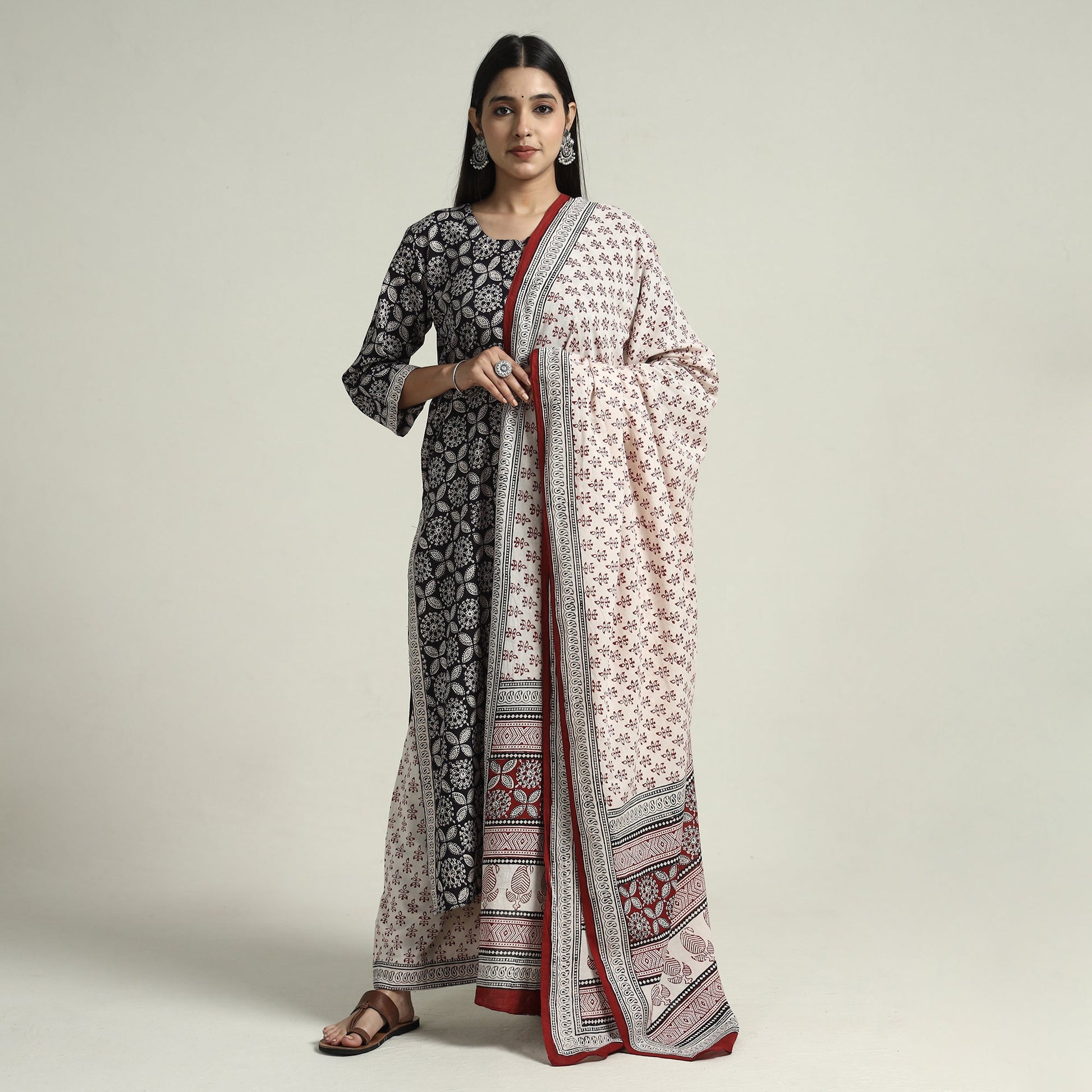 Black - Bagh Block Printed Cotton Kurta with Palazzo & Dupatta Set 04