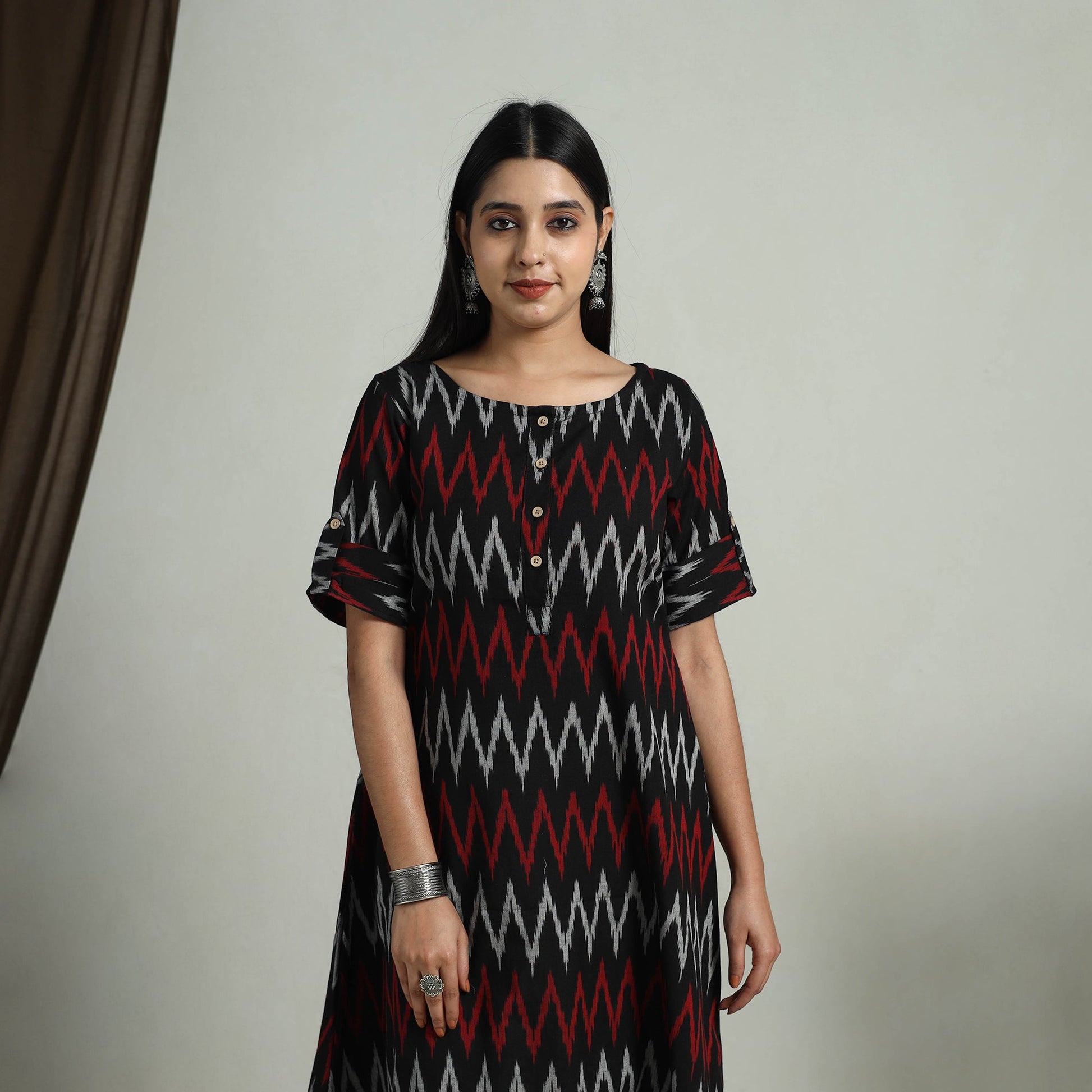 Black - Flared Cotton Short Pochampally Ikat Dress 06