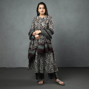 Brown - Hand Batik Printed Cotton Kurta with Palazzo & Dupatta Set
