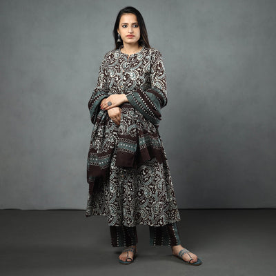 Brown - Hand Batik Printed Cotton Kurta with Palazzo & Dupatta Set
