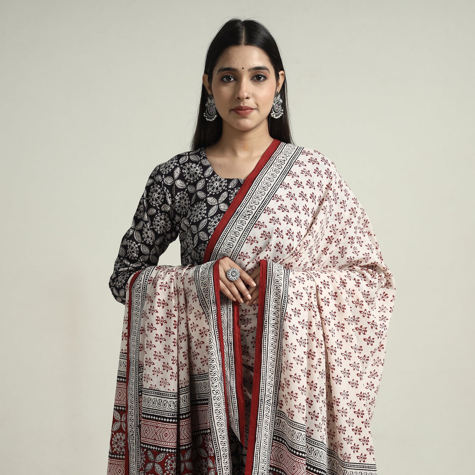 Black - Bagh Block Printed Cotton Kurta with Palazzo & Dupatta Set 04