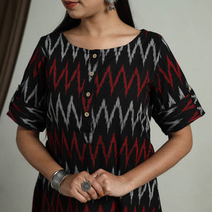 Black - Flared Cotton Short Pochampally Ikat Dress 06