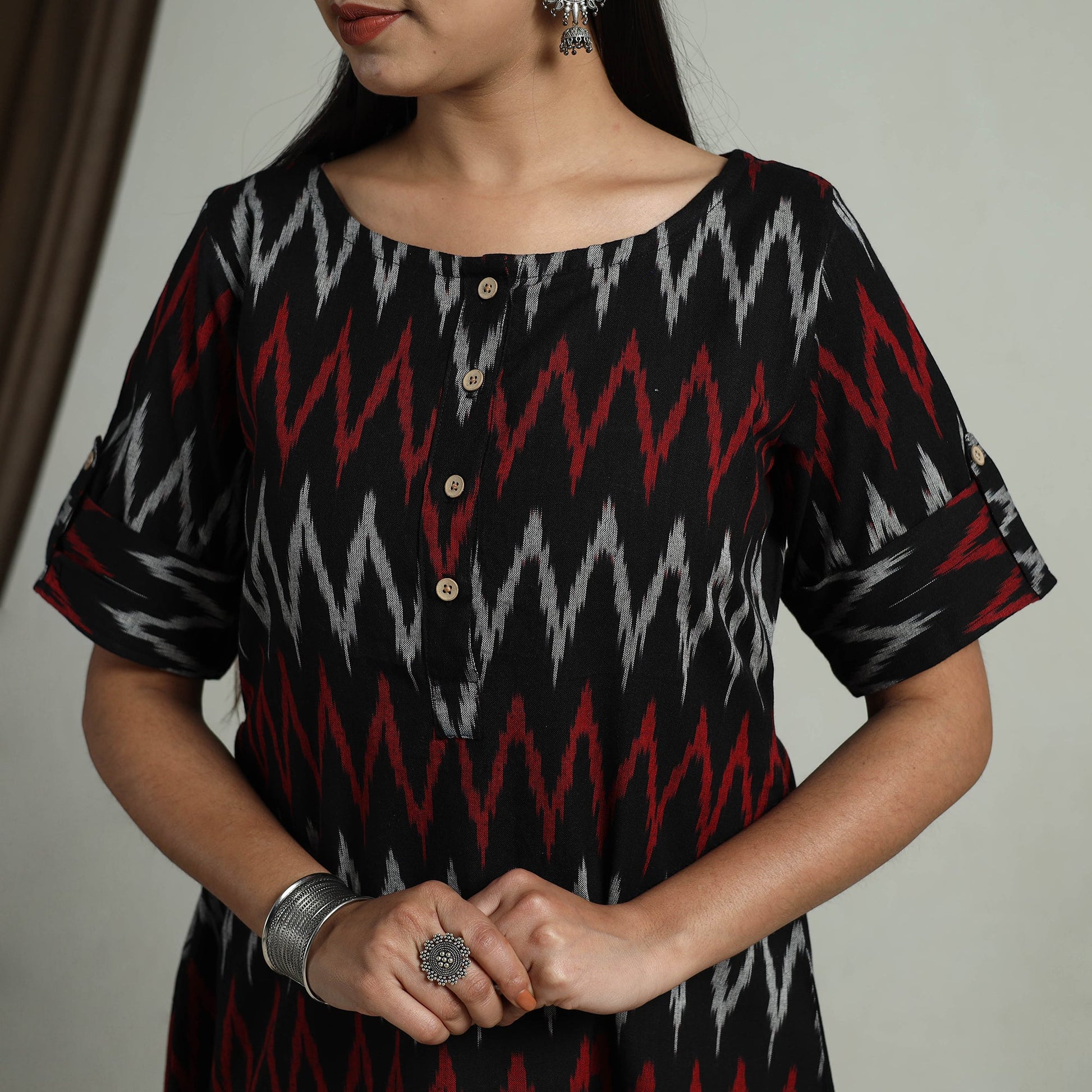 Black - Flared Cotton Short Pochampally Ikat Dress 06