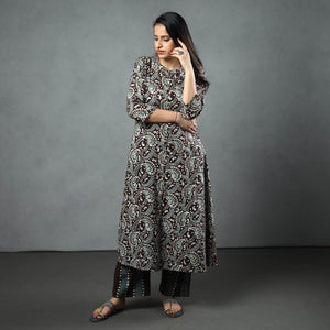 Brown - Hand Batik Printed Cotton Kurta with Palazzo & Dupatta Set