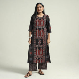 Black - Ajrakh Block Printed Cotton Kurta With Palazzo & Dupatta Set
