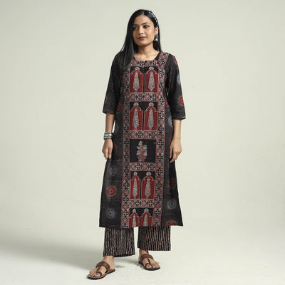 Black - Ajrakh Block Printed Cotton Kurta With Palazzo & Dupatta Set