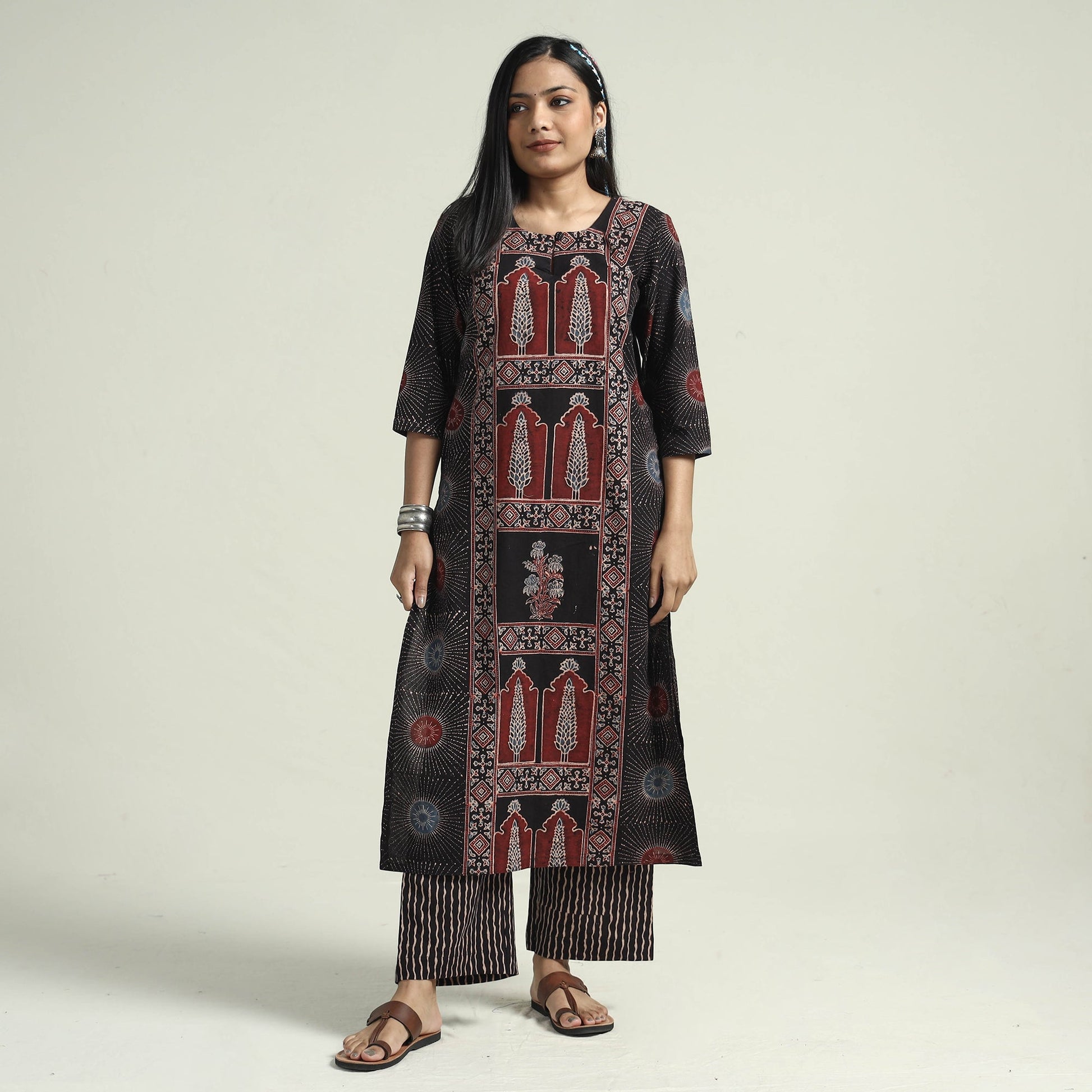 Black - Ajrakh Block Printed Cotton Kurta With Palazzo & Dupatta Set