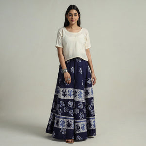 Blue - Hand Batik Printed Running Stitch Cotton Long Skirt 77