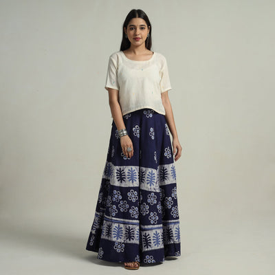 Blue - Hand Batik Printed Running Stitch Cotton Long Skirt 77