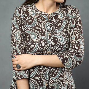 Brown - Hand Batik Printed Cotton Kurta with Palazzo & Dupatta Set