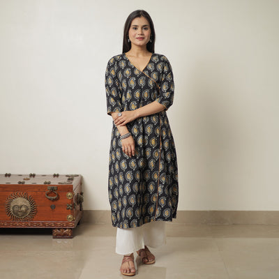 Black - Hand Batik Printed Cotton A-Line Kurta 03