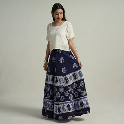 Blue - Hand Batik Printed Running Stitch Cotton Long Skirt 77
