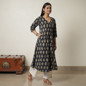 Black - Hand Batik Printed Cotton A-Line Kurta 03