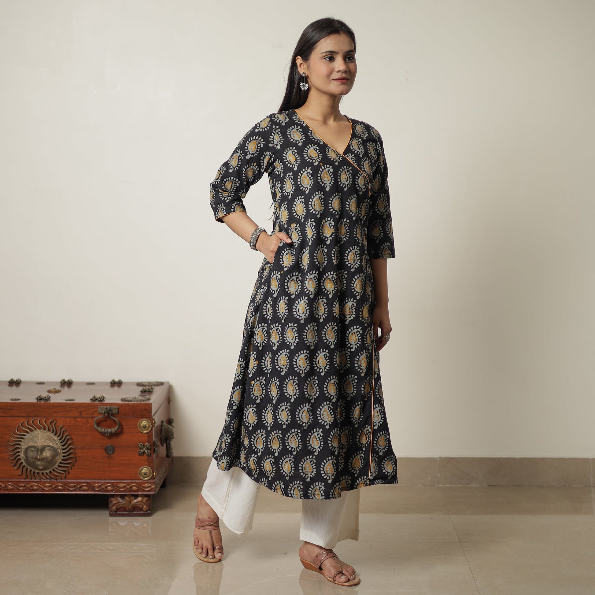 Black - Hand Batik Printed Cotton A-Line Kurta 03
