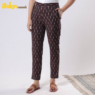 Brown - Pochampally Ikat Cotton Tapered Casual Pant for Women