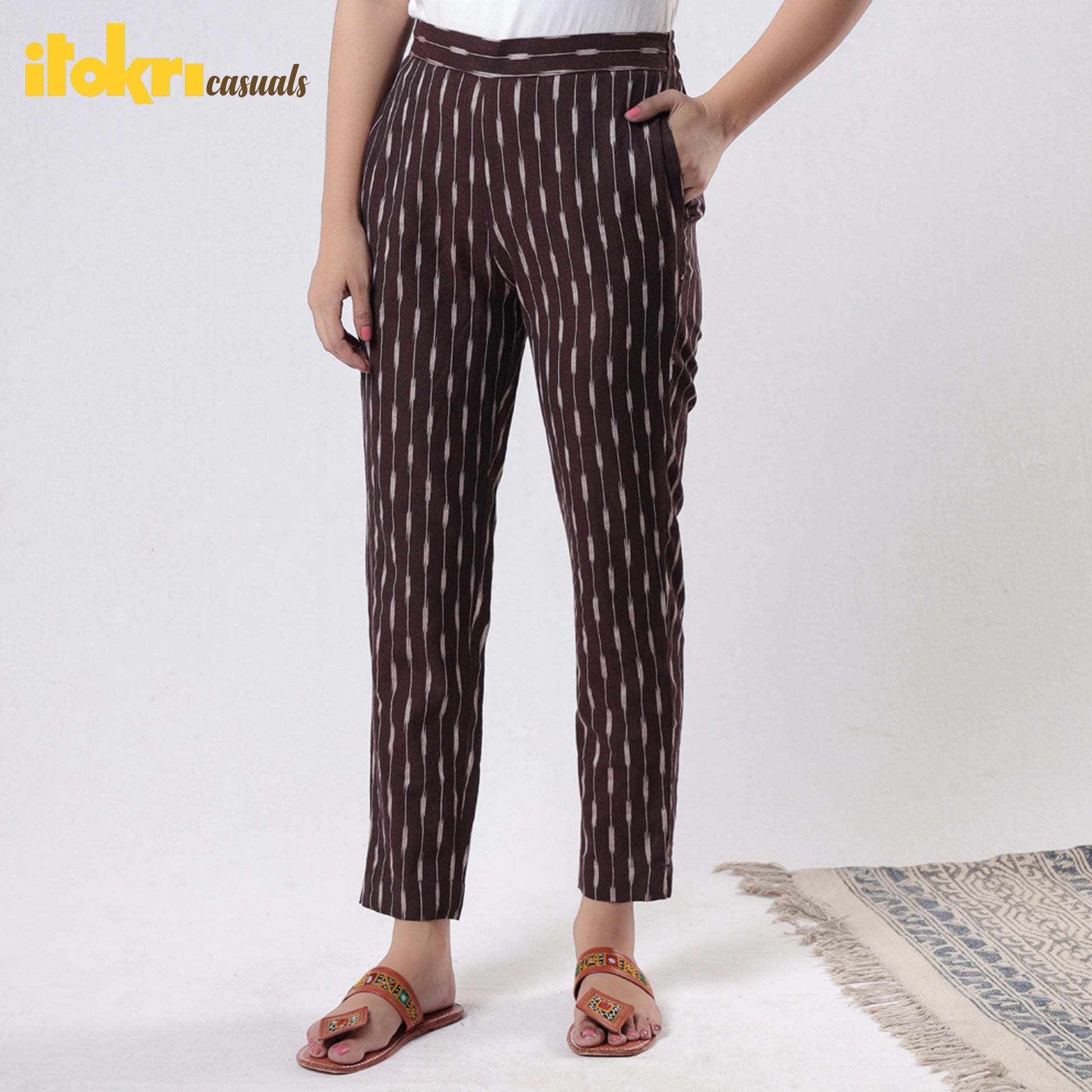 Brown - Pochampally Ikat Cotton Tapered Casual Pant for Women