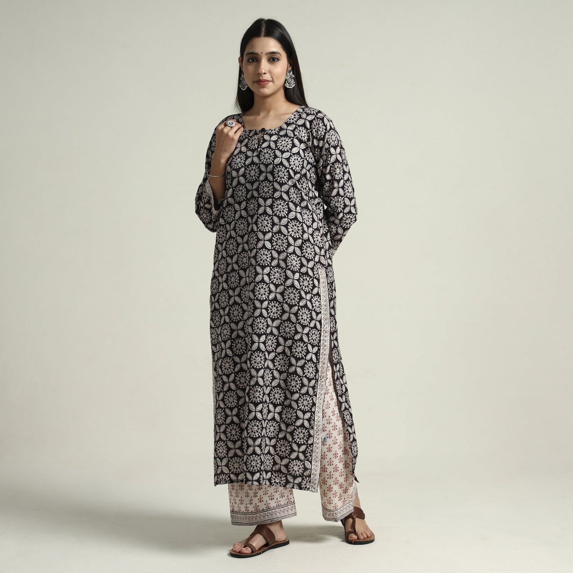 Black - Bagh Block Printed Cotton Kurta with Palazzo & Dupatta Set 04