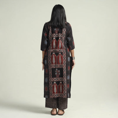 Black - Ajrakh Block Printed Cotton Kurta With Palazzo & Dupatta Set