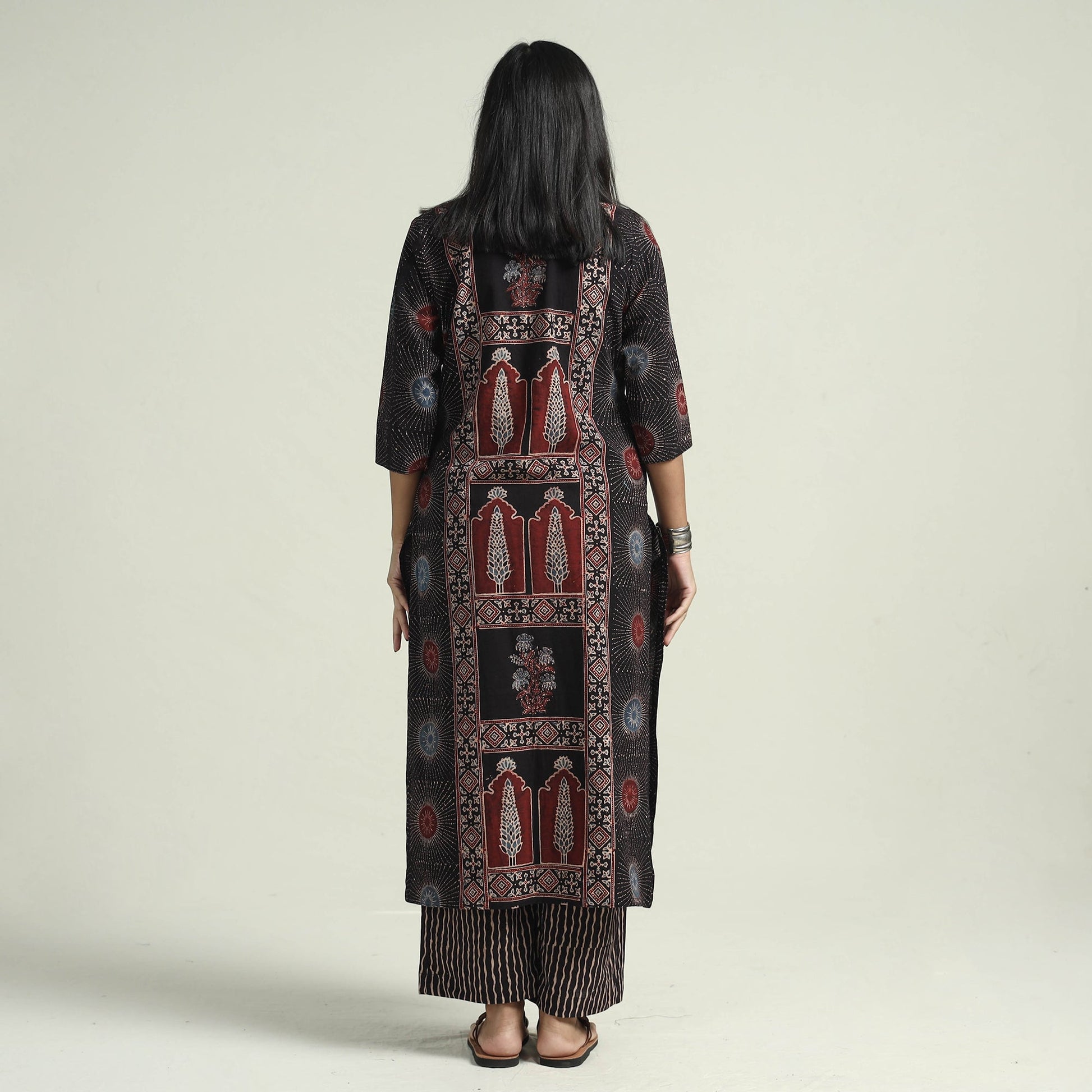 Black - Ajrakh Block Printed Cotton Kurta With Palazzo & Dupatta Set