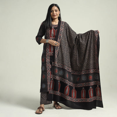 Black - Ajrakh Block Printed Cotton Kurta With Palazzo & Dupatta Set