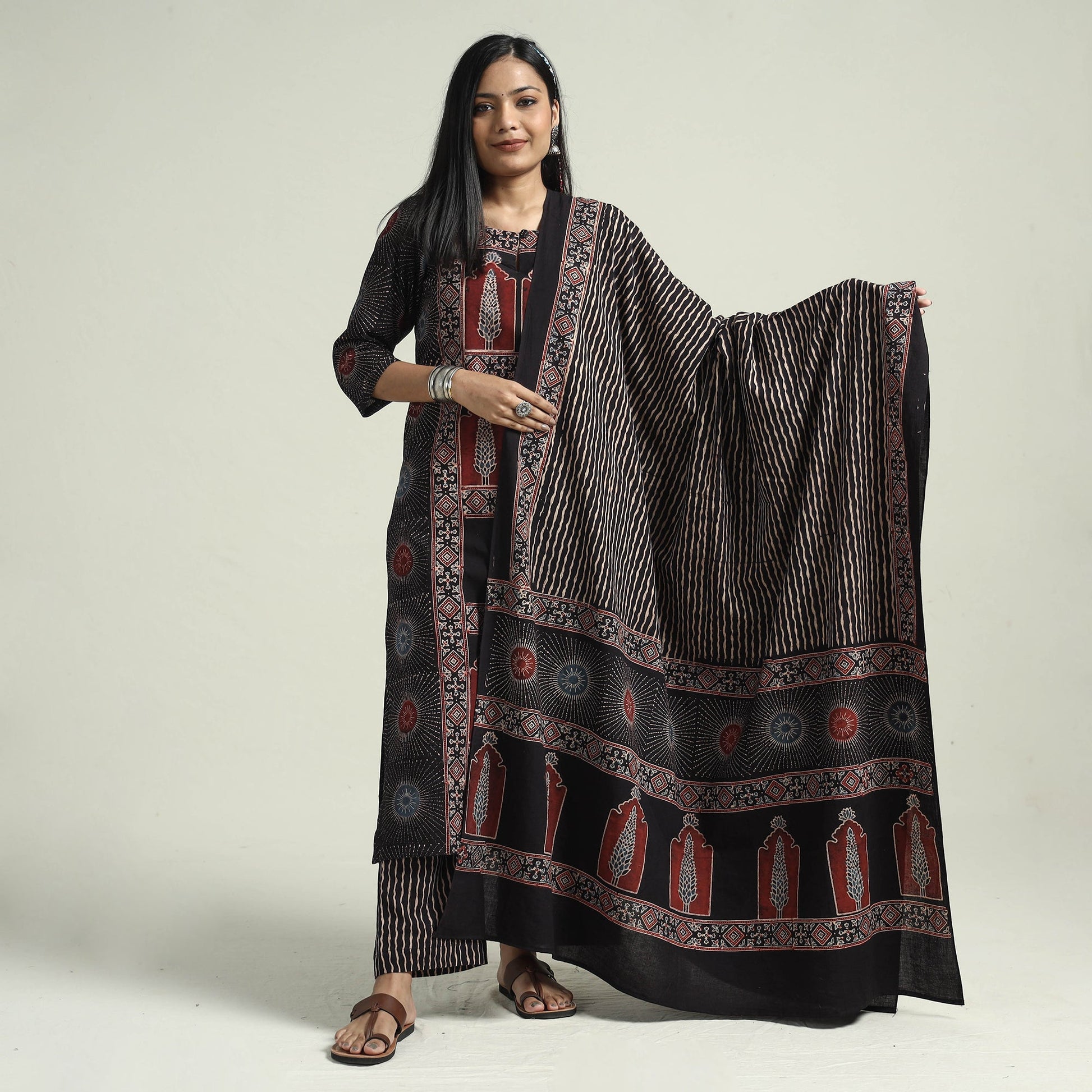 Black - Ajrakh Block Printed Cotton Kurta With Palazzo & Dupatta Set